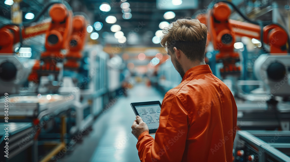 Poster production shop floor manager holding a tablet overseeing the modern robot arms. generative ai.
