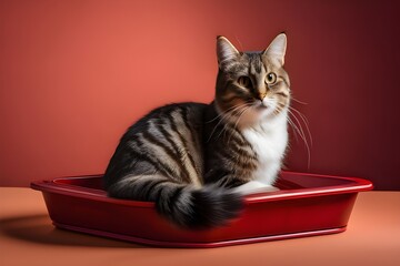 Elegant tabby cat relaxing in a crimson litter box on a peach backdrop