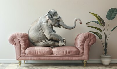 Domesticated elephant sitting on a couch chair in house living room.