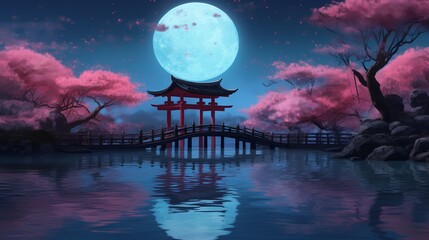 A Serene Asian Landscape Under the Full Moon. Generative AI