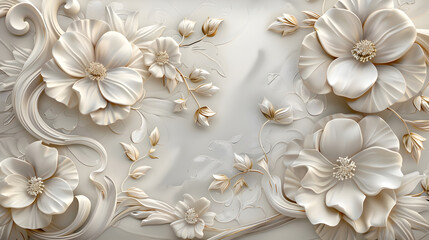 3d luxury floral white flower leaves and golden wall wallpaper.interior wall home decorative background.generative ai