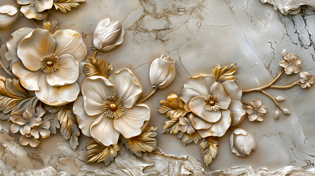3d luxury floral white flower leaves and golden wall wallpaper.interior wall home decorative background.generative ai