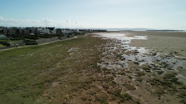Hoylake Beachfront conservation area - aerial drone low flyover Spartina grass from Meols, Wirral, UK