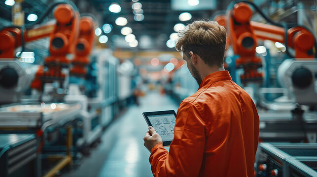 Production shop floor manager holding a tablet overseeing the modern robot arms. Generative AI.