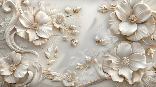 3d luxury floral white flower leaves and golden wall wallpaper.interior wall home decorative background.generative ai