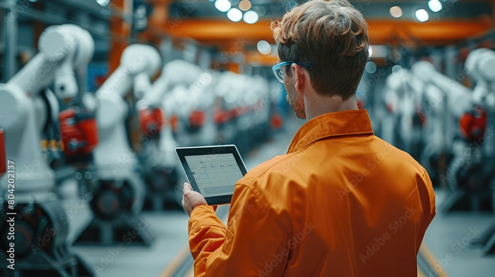 Poster production shop floor manager holding a tablet overseeing the modern robot arms. generative ai.