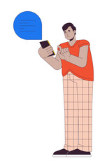 Hindu man with overweight holding smartphone 2D linear cartoon character. Plus sized indian male texting isolated line vector person white background. Body positive color flat spot illustration