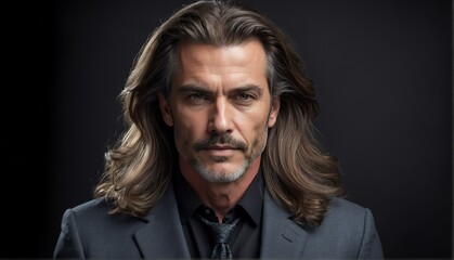 Fototapeta premium handsome middleaged male fashion model with flowing long hair close-up portrait posing on plain black background from Generative AI