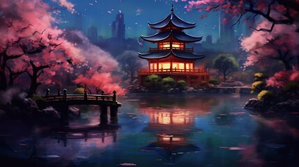 Fototapeta premium A Serene Asian Landscape Under the Full Moon. Generative AI