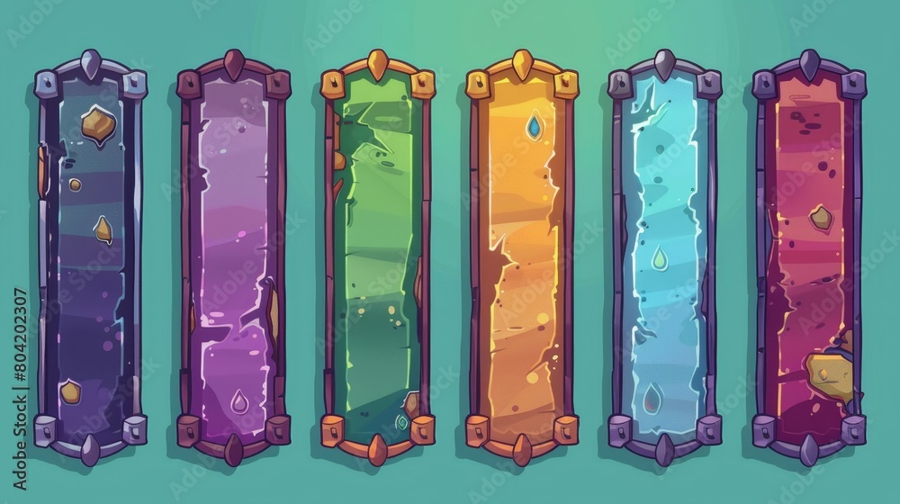 Poster ui interface design for games with progress bars, banners, long buttons, and load bars with abstract