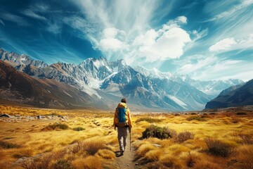 A lone hiker with a backpack trekking through the mountains, showcasing vast landscape