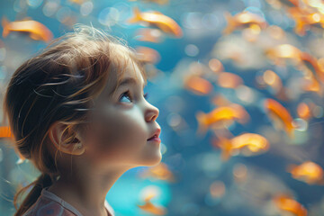 A young girl looking at fish in a big aquarium