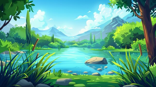 There are three parts to this image: A green swamp and cattail near a lake, a mountain skyline modern background, and a pond in a bush with bulrush. A dirtly river with floating water cartoon