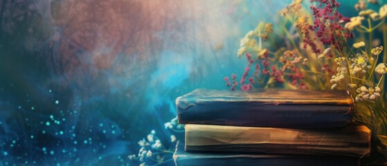 Vintage books with magical glitter and floral arrangement on a dreamy, colorful background.