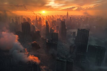Aerial view of city skyline silhouetted against fiery sunset sky
