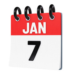 January 7 date displayed on stylized three-dimensional flip calendar icon isolated on transparent background. 3D rendering