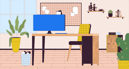 Office workplace with computer cartoon flat illustration. Pc on desk of corporate employee 2D line interior colorful background. Cozy workspace organization scene vector storytelling image