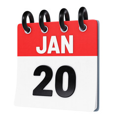 January 20 date displayed on stylized three-dimensional flip calendar icon isolated on transparent background. 3D rendering
