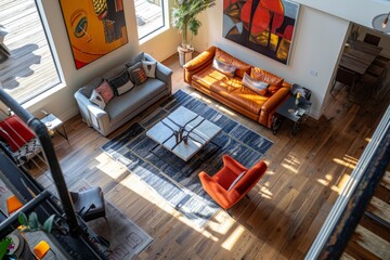 An overhead view of a spacious modern living room with abundant furniture and numerous large windows, exuding elegance and openness