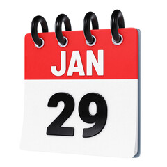 January 29 date displayed on stylized three-dimensional flip calendar icon isolated on transparent background. 3D rendering
