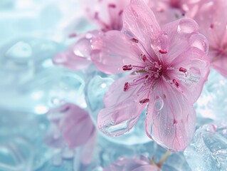 Delicate pink cherry blossom with water droplets on a soft blue background.