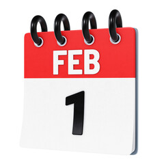 February 1 date displayed on stylized three-dimensional flip calendar icon isolated on transparent background. 3D rendering