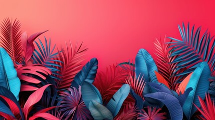 Tropical leaves in vibrant blue and pink hues against a vivid red background, creating a lively and...