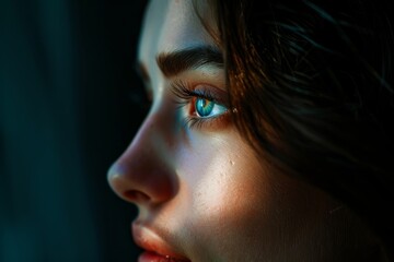 A close-up view of a womans face, showcasing her striking blue eyes gazing into the distance, illuminated by flattering lighting