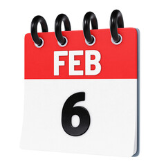 February 6 date displayed on stylized three-dimensional flip calendar icon isolated on transparent background. 3D rendering