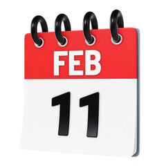 February 11 date displayed on stylized three-dimensional flip calendar icon isolated on transparent background. 3D rendering