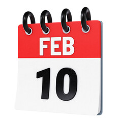 February 10 date displayed on stylized three-dimensional flip calendar icon isolated on transparent background. 3D rendering