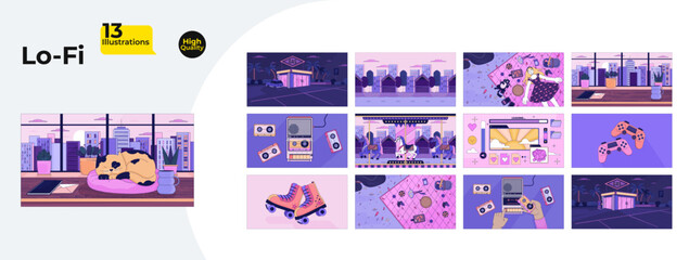 Relaxing 80s chillout retro lofi wallpapers bundle. Gas station, street market, picnic 2D cartoon flat illustration collection. Carousel horses, roller skates, cassette tapes vector art lo fi set © IMGvisualsCharacters