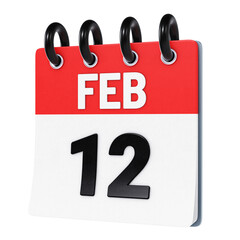 February 12 date displayed on stylized three-dimensional flip calendar icon isolated on transparent background. 3D rendering