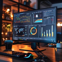A digital workspace with a monitor displaying diverse analytics dashboards. Visualizations include bar graphs pie charts