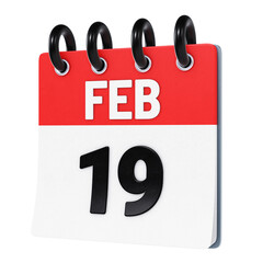 February 19 date displayed on stylized three-dimensional flip calendar icon isolated on transparent background. 3D rendering