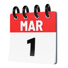 March 1 date displayed on stylized three-dimensional flip calendar icon isolated on transparent background. 3D rendering