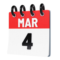 March 4 date displayed on stylized three-dimensional flip calendar icon isolated on transparent background. 3D rendering
