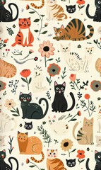 A pattern of cats and flowers in pastel colors on a cream background, with playful cartoon-style illustrations of various cat breeds interacting harmoniously among the blossoms.