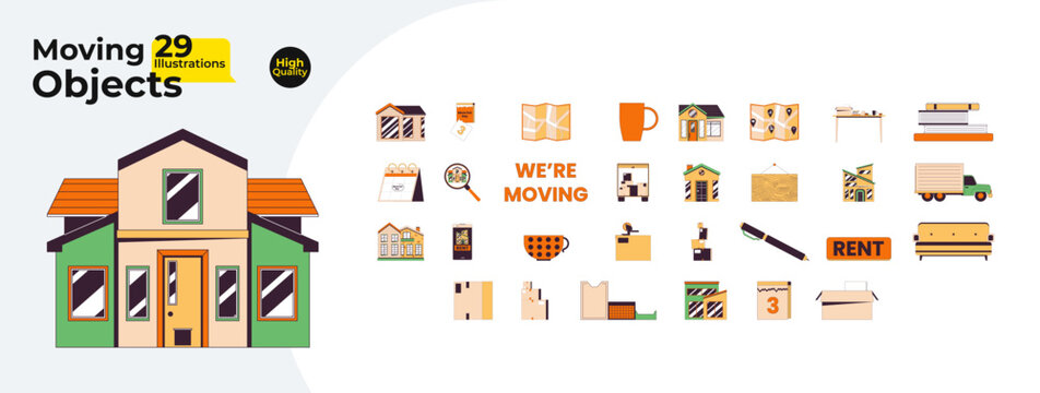 Renting moving in 2D linear cartoon objects bundle. Calendar tear off, house hunting, boxes isolated line vector items white background. Unpacking new home color flat spot illustration collection