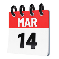 March 14 date displayed on stylized three-dimensional flip calendar icon isolated on transparent background. 3D rendering