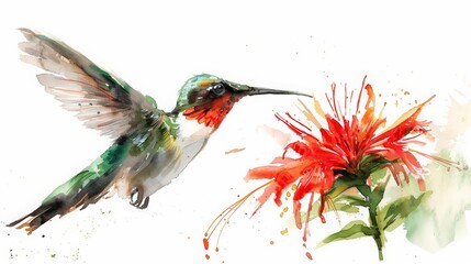 This sweet watercolor painting captures the moment a hummingbird sips nectar from a bright flower, Clipart minimal watercolor isolated on white background