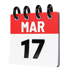 March 17 date displayed on stylized three-dimensional flip calendar icon isolated on transparent background. 3D rendering