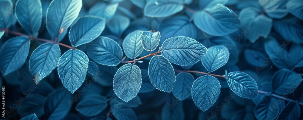 Wall mural blue plant leaves in the nature in fall season, blue background