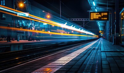 Fototapeta na wymiar A fast train passing through a station forming light trails from long exposure photography. Night time photography
