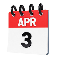 April 3 date displayed on stylized three-dimensional flip calendar icon isolated on transparent background. 3D rendering
