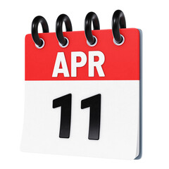 April 11 date displayed on stylized three-dimensional flip calendar icon isolated on transparent background. 3D rendering