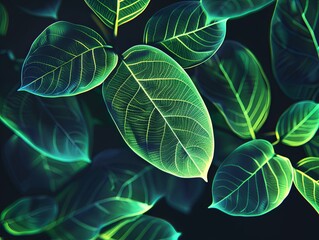 Neon green leaves glowing against a stark black background, suitable for futuristic or highenergy designs