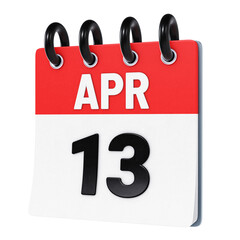 April 13 date displayed on stylized three-dimensional flip calendar icon isolated on transparent background. 3D rendering