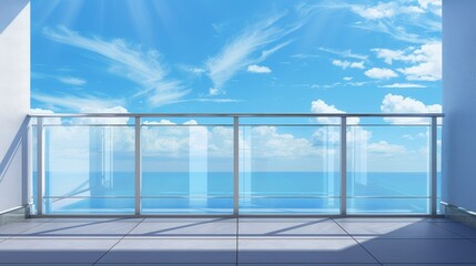 Naklejka premium A 3D glass balcony with a window in front of an empty house terrace, with a blue sky in the background, with a view of the sky in the distance.