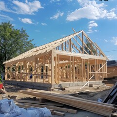 Wooden frame with truss, post, beams in new house construction for wood based dwelling